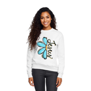 "Jesus" Premium Sweatshirt – Turquoise Floral Design & Modern Typography Collection