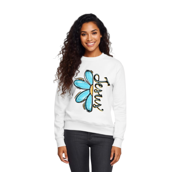 1 "Jesus" Premium Sweatshirt – Turquoise Floral Design & Modern Typography Collection