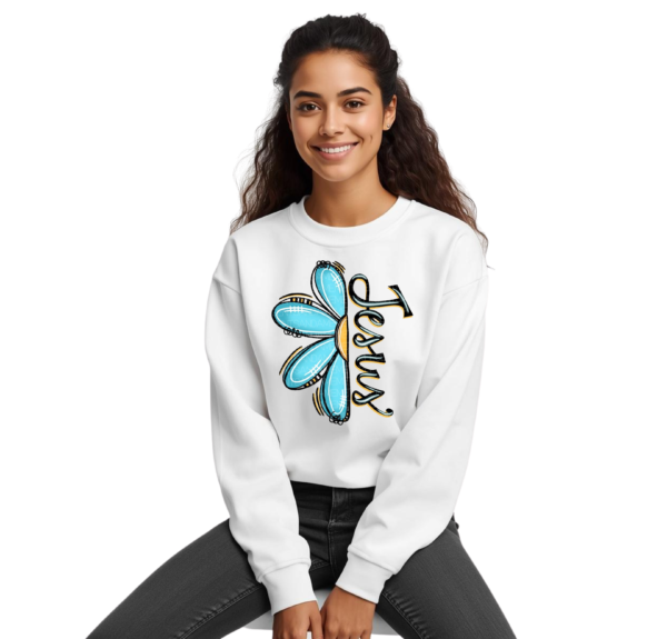 2 "Jesus" Premium Sweatshirt – Turquoise Floral Design & Modern Typography Collection