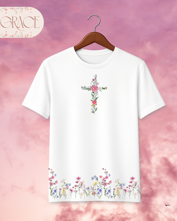 102 Camiseta "Floral Cross & Wildflowers" – Elegant Botanical Christian Tee