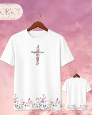 104 Camiseta "Floral Cross & Wildflowers" – Elegant Botanical Christian Tee